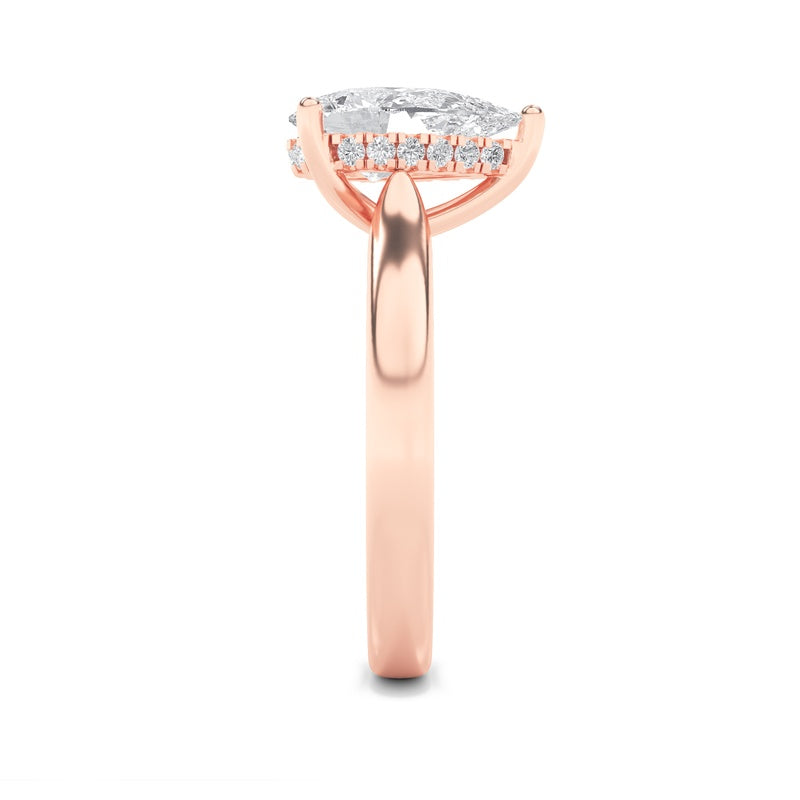 2CTW Pear Shaped Lab Grown Diamond (F/VS) Hidden Halo Cathedral Shank Engagement Ring in 14K Gold