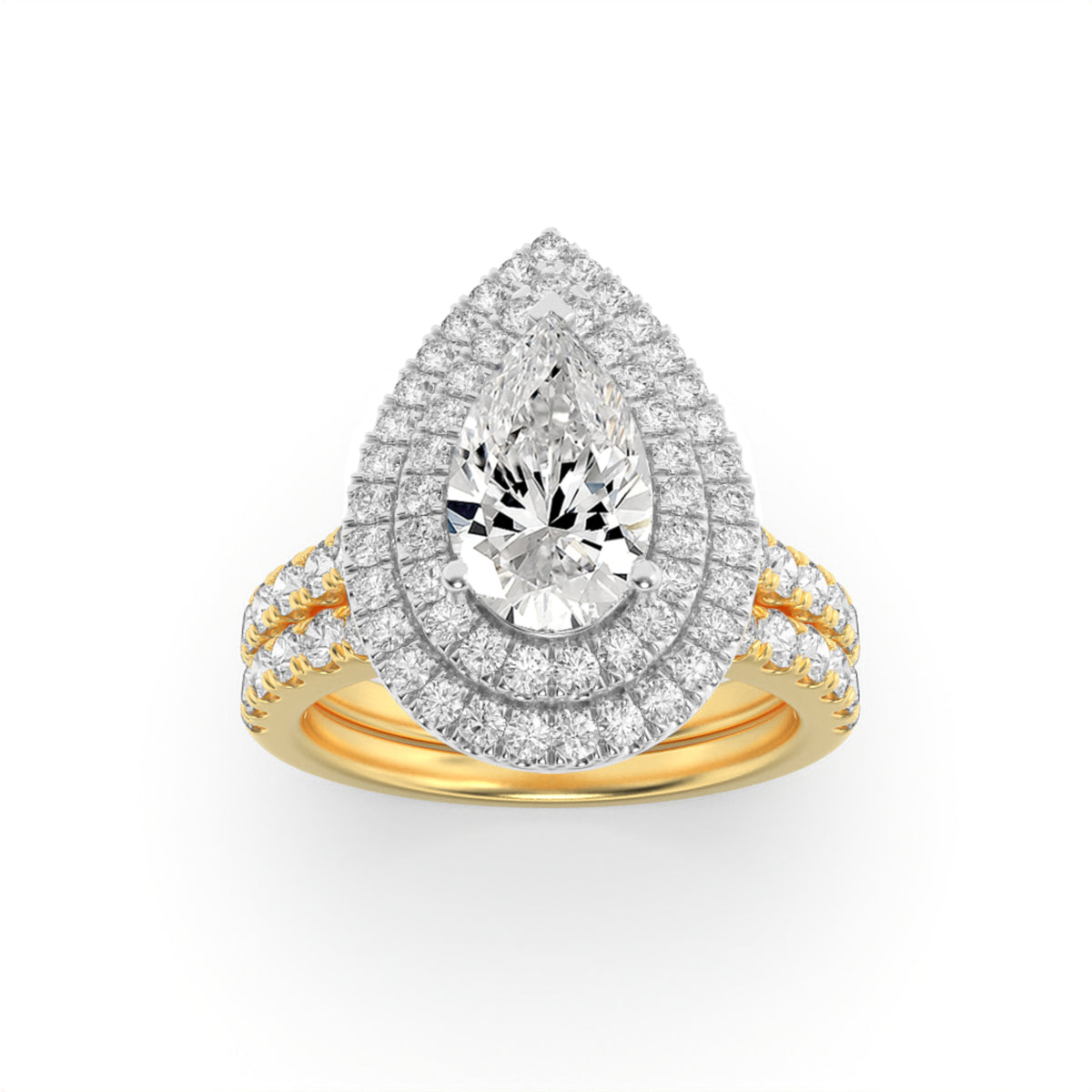 2 ct tw IGI Certified Pear Lab-Grown Diamond Double Halo Bridal Set Engagement Ring Set in 14K Solid Gold - Yellow/White