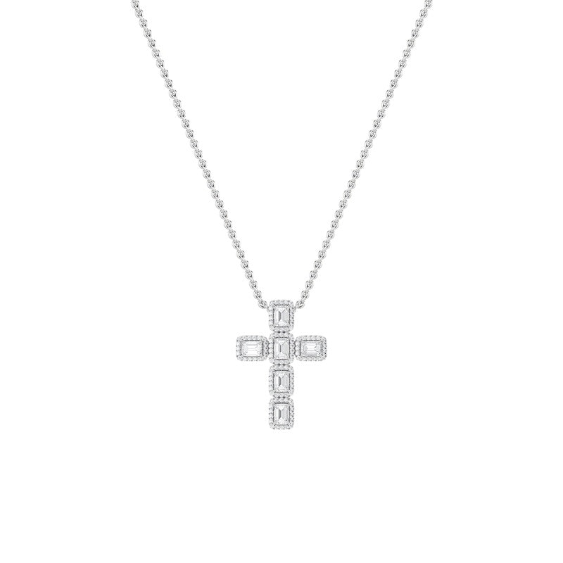 3CTW Emerald Shaped Lab Grown Diamond (F/VS) Cross Pendant in 14K Gold