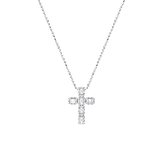 3CTW Emerald Shaped Lab Grown Diamond (F/VS) Cross Pendant in 14K Gold