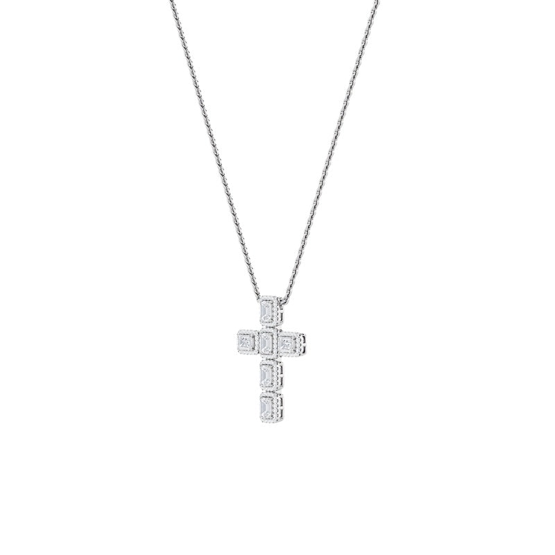3CTW Emerald Shaped Lab Grown Diamond (F/VS) Cross Pendant in 14K Gold