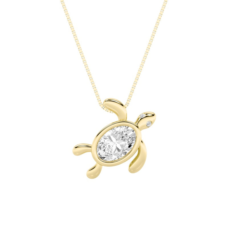 1.5CTW Oval Shaped Lab Grown Diamond (F/VS) Bezel Set Turtle Pendant in 14K Gold