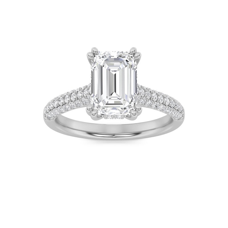 3CTW Emerald Shaped Lab Grown Diamond (F/VS) Triple Row Accented Engagement Ring in 14K Gold