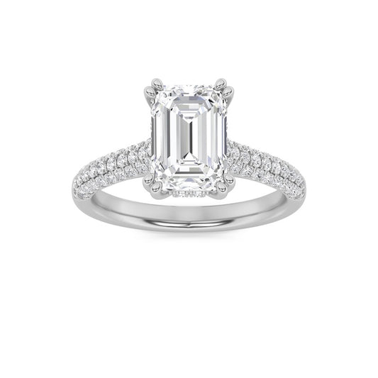 3CTW Emerald Shaped Lab Grown Diamond (F/VS) Triple Row Accented Engagement Ring in 14K Gold