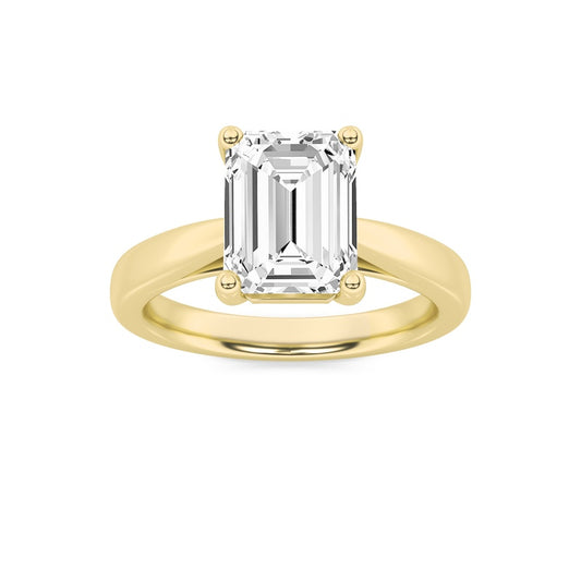 3CTW Emerald Shaped Lab Grown Diamond (F/VS) Plain Cathedral Trellis Shank Solitaire Engagement Ring in 14K Gold