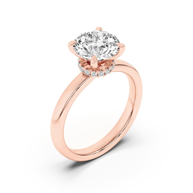 1CTW Round Shaped Lab Grown Diamond (F/VS) Hidden Halo Plain Shank Engagement Ring in 14K Gold
