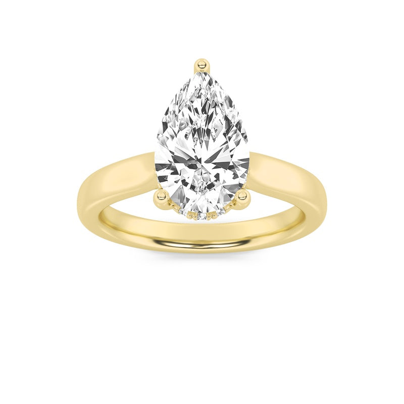 2CTW Pear Shaped Lab Grown Diamond (F/VS) Hidden Halo Cathedral Shank Engagement Ring in 14K Gold
