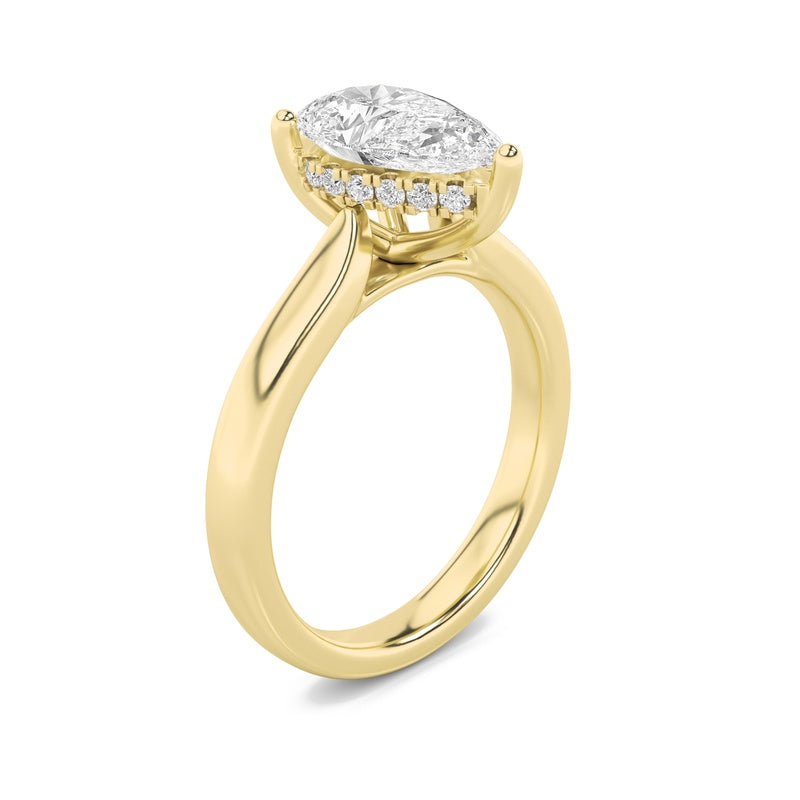 2CTW Pear Shaped Lab Grown Diamond (F/VS) Hidden Halo Cathedral Shank Engagement Ring in 14K Gold