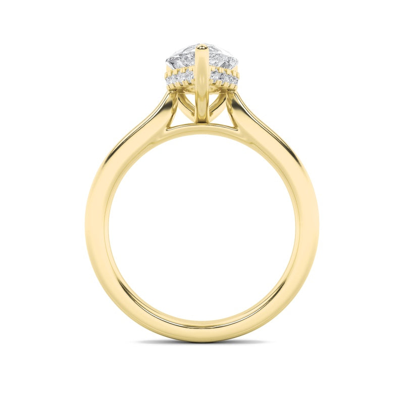 2CTW Pear Shaped Lab Grown Diamond (F/VS) Hidden Halo Cathedral Shank Engagement Ring in 14K Gold