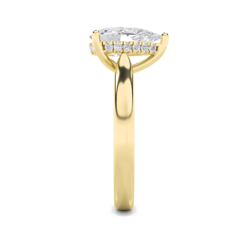2CTW Pear Shaped Lab Grown Diamond (F/VS) Hidden Halo Cathedral Shank Engagement Ring in 14K Gold