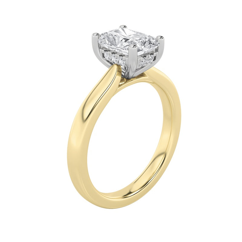 1.5CTW Radiant Shaped Lab Grown Diamond (F/VVS) Hidden Halo Cathedral Shank Engagement Ring in 14K Gold