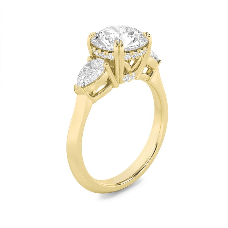 3CTW Round Shaped Lab Grown Diamond (F/VS) Three Stone Hidden Halo Ring in 14K Gold