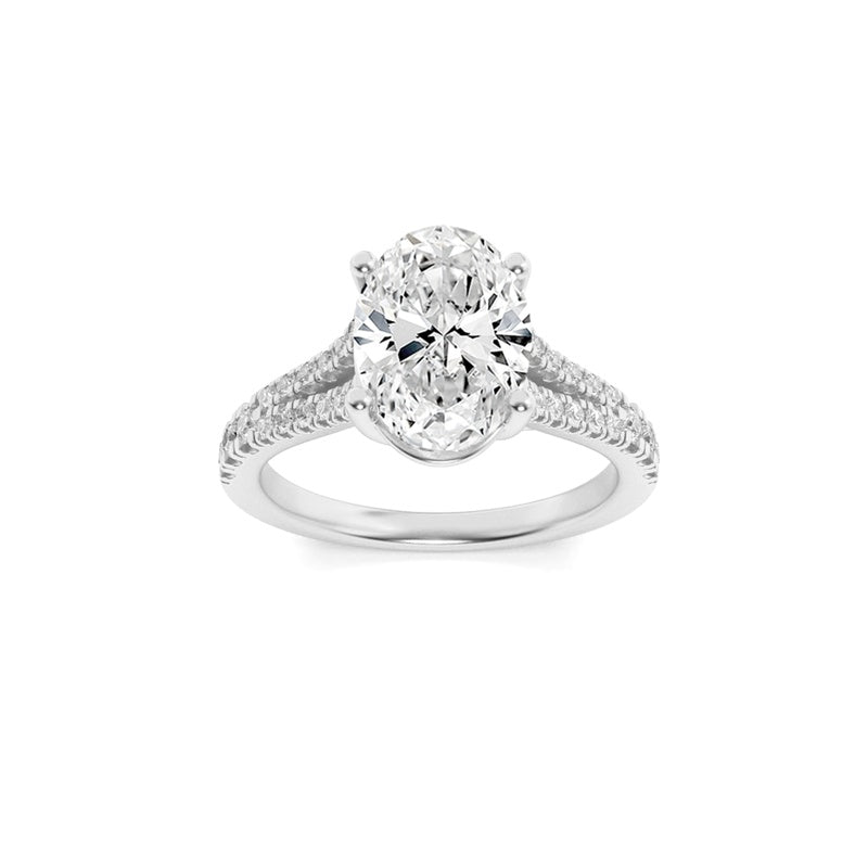2CTW Oval Shaped Lab Grown Diamond (F/VS) Split Shank Trellis Engagement Ring in 14K Gold
