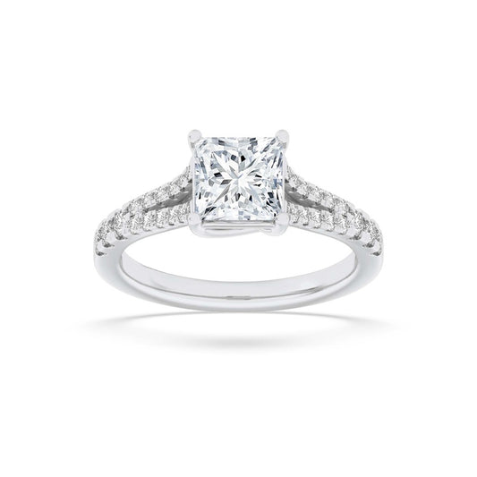 2CTW Princess Shaped Lab Grown Diamond (F/VS) Split Shank Trellis Engagement Ring in 14K Gold