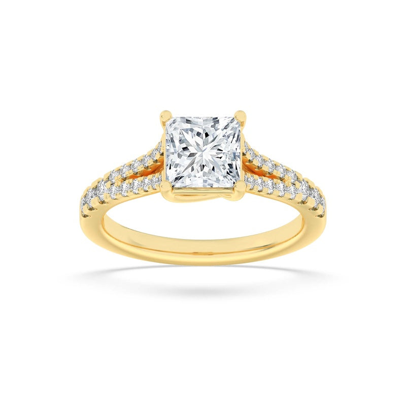 2CTW Princess Shaped Lab Grown Diamond (F/VS) Split Shank Trellis Engagement Ring in 14K Gold