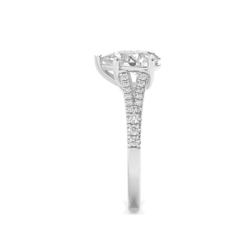 2CTW Pear Shaped Lab Grown Diamond (F/VS) Split Shank Trellis Engagement Ring in 14K Gold