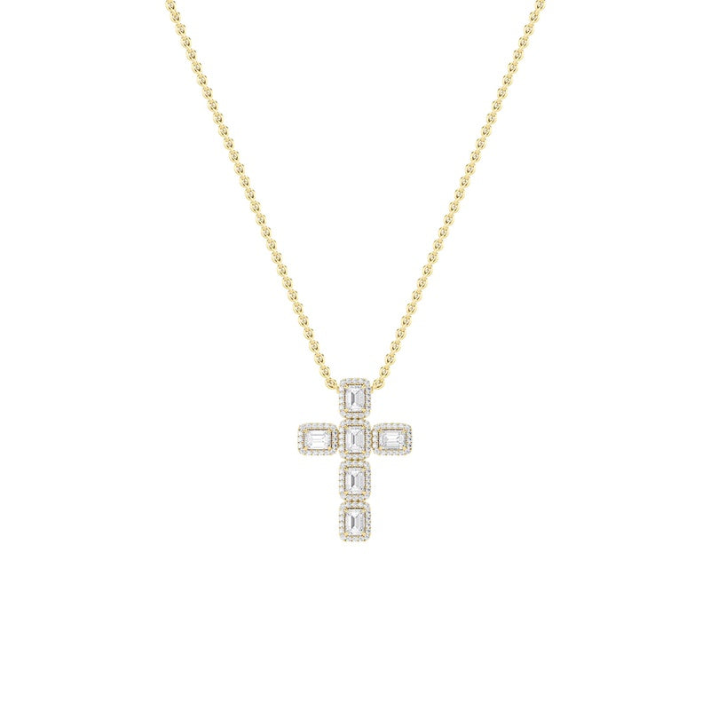 3CTW Emerald Shaped Lab Grown Diamond (F/VS) Cross Pendant in 14K Gold