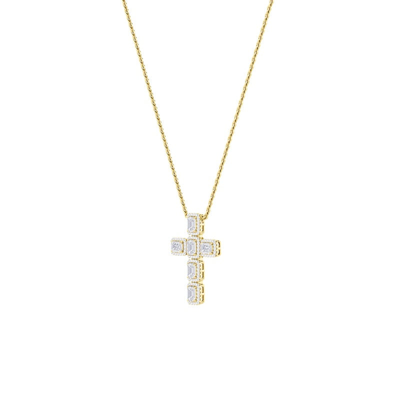 3CTW Emerald Shaped Lab Grown Diamond (F/VS) Cross Pendant in 14K Gold