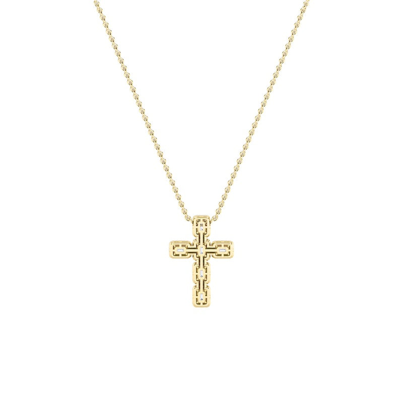 3CTW Emerald Shaped Lab Grown Diamond (F/VS) Cross Pendant in 14K Gold
