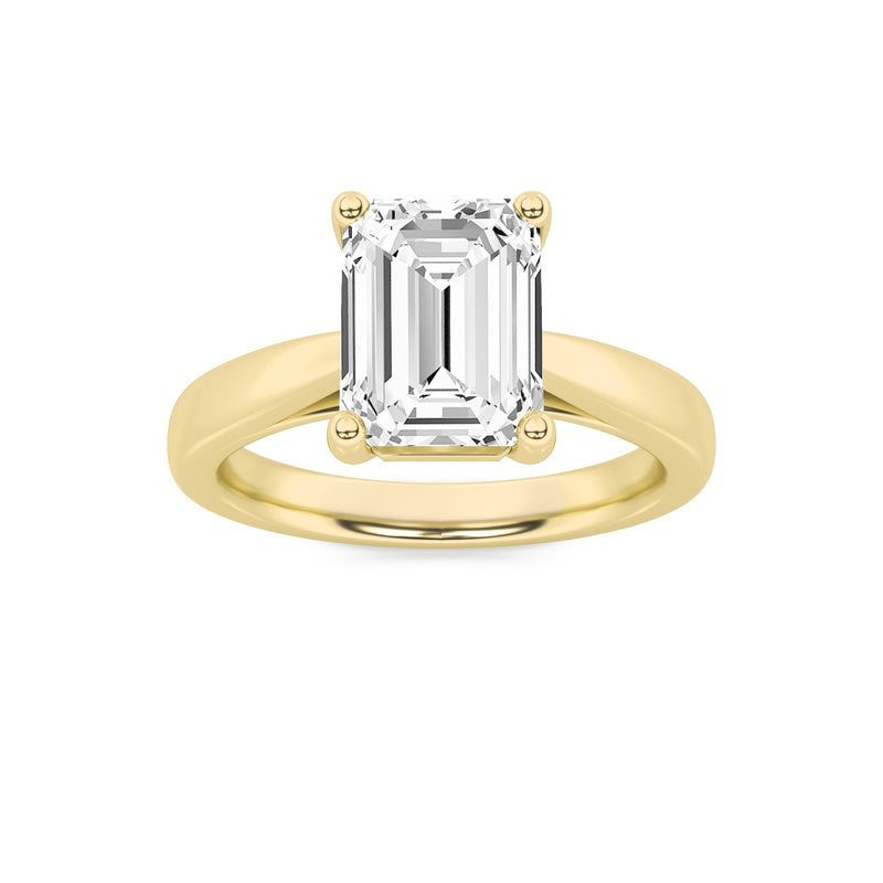 2CTW Emerald Shaped Lab Grown Diamond (F/VS) Plain Cathedral Trellis Shank Solitaire Engagement Ring in 14K Gold