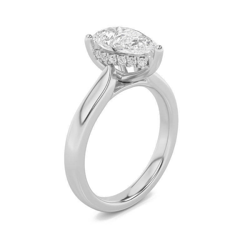 2CTW Pear Shaped Lab Grown Diamond (F/VS) Hidden Halo Cathedral Shank Engagement Ring in 14K Gold