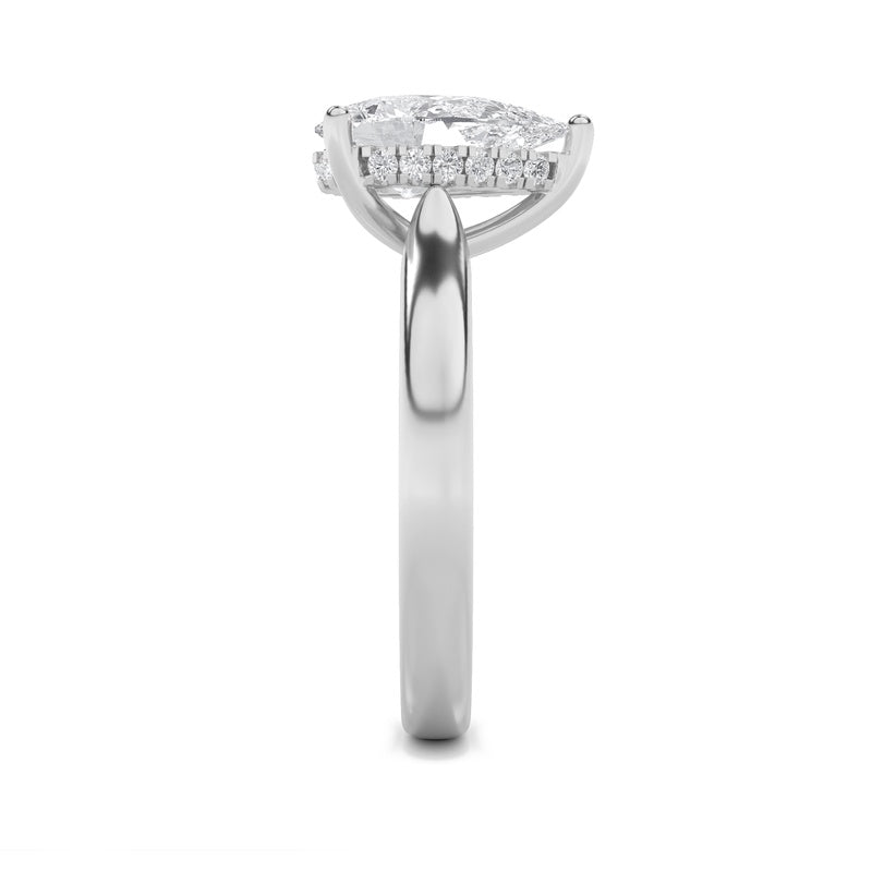 2CTW Pear Shaped Lab Grown Diamond (F/VS) Hidden Halo Cathedral Shank Engagement Ring in 14K Gold