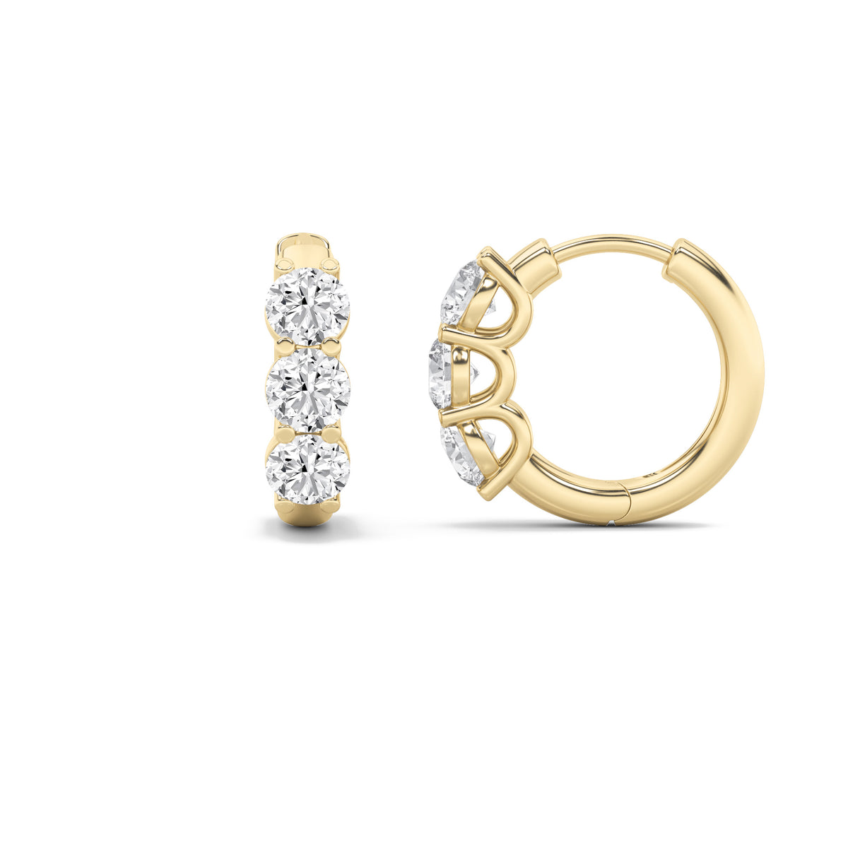 2 ct tw IGI Certified Round Lab-Grown Diamond Three Stone Huggie Earrings in 14K Solid Gold - Yellow