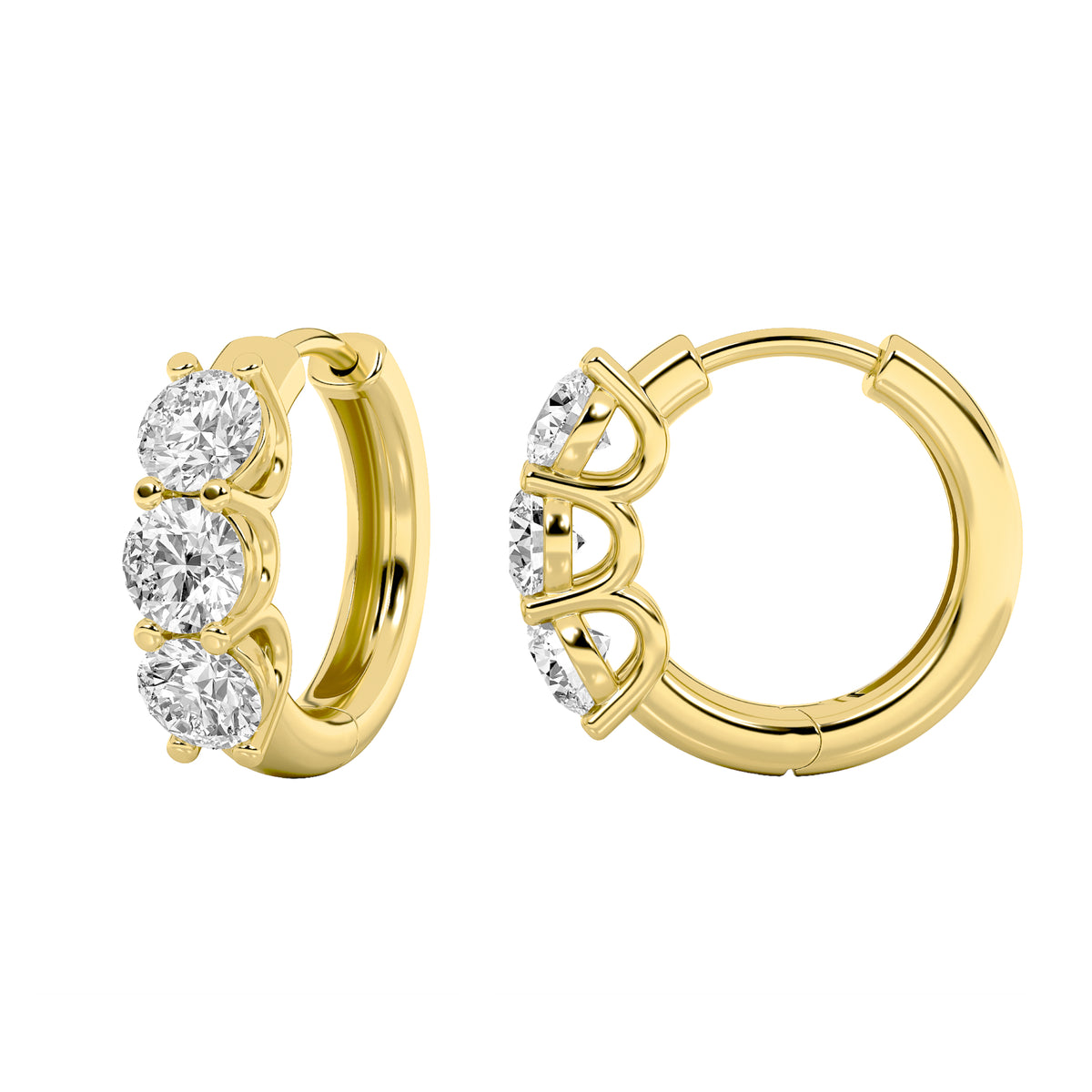 2 ct tw IGI Certified Round Lab-Grown Diamond Three Stone Huggie Earrings in 14K Solid Gold - Yellow