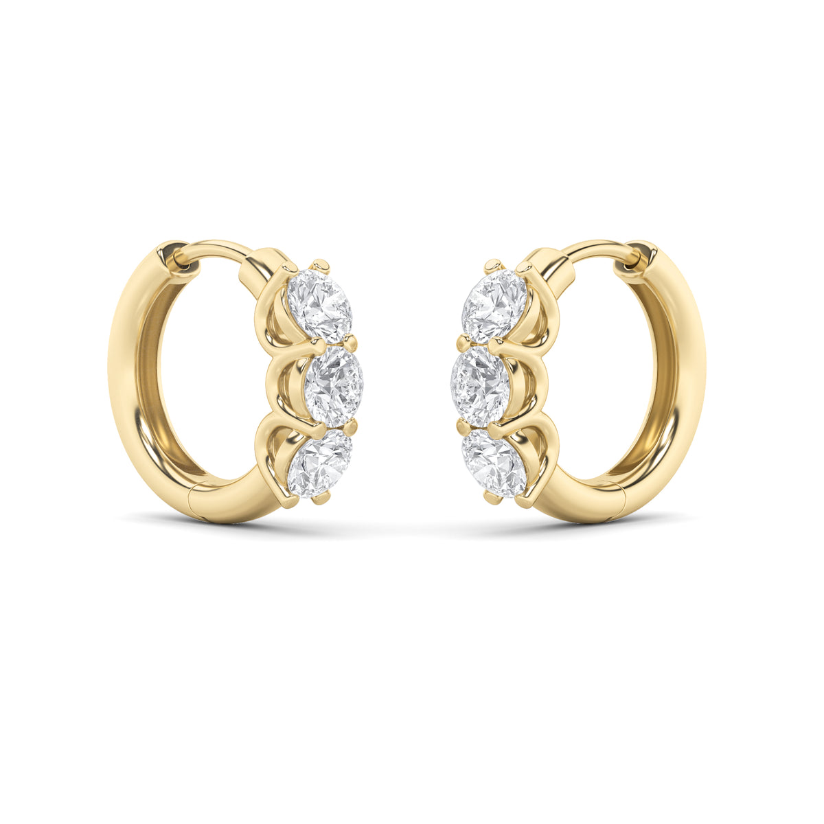 2 ct tw IGI Certified Round Lab-Grown Diamond Three Stone Huggie Earrings in 14K Solid Gold - Yellow