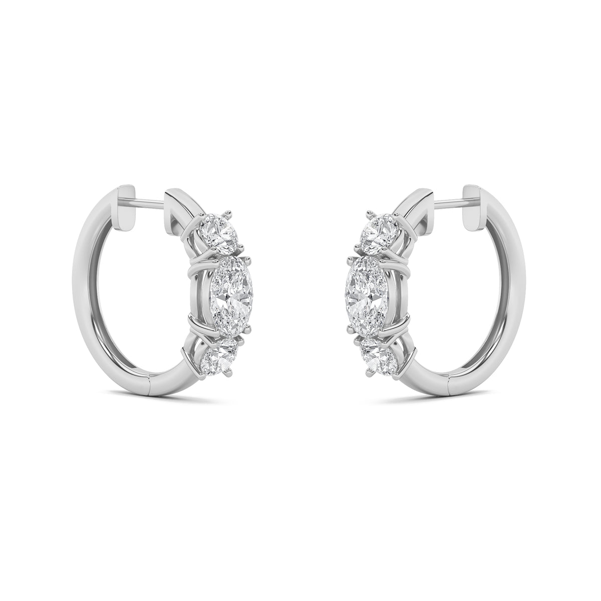 2.5 ct tw IGI Certified Oval Lab-Grown Diamond Three Stone Huggie Earrings in 14K Solid Gold - White