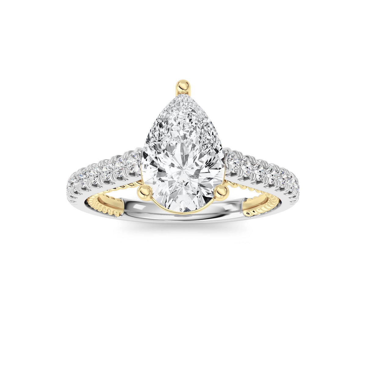 2 ct tw IGI Certified Pear Lab-Grown Diamond Two Tone Accented Rope Design Engagement Ring in 14K Solid Gold - White/Yellow