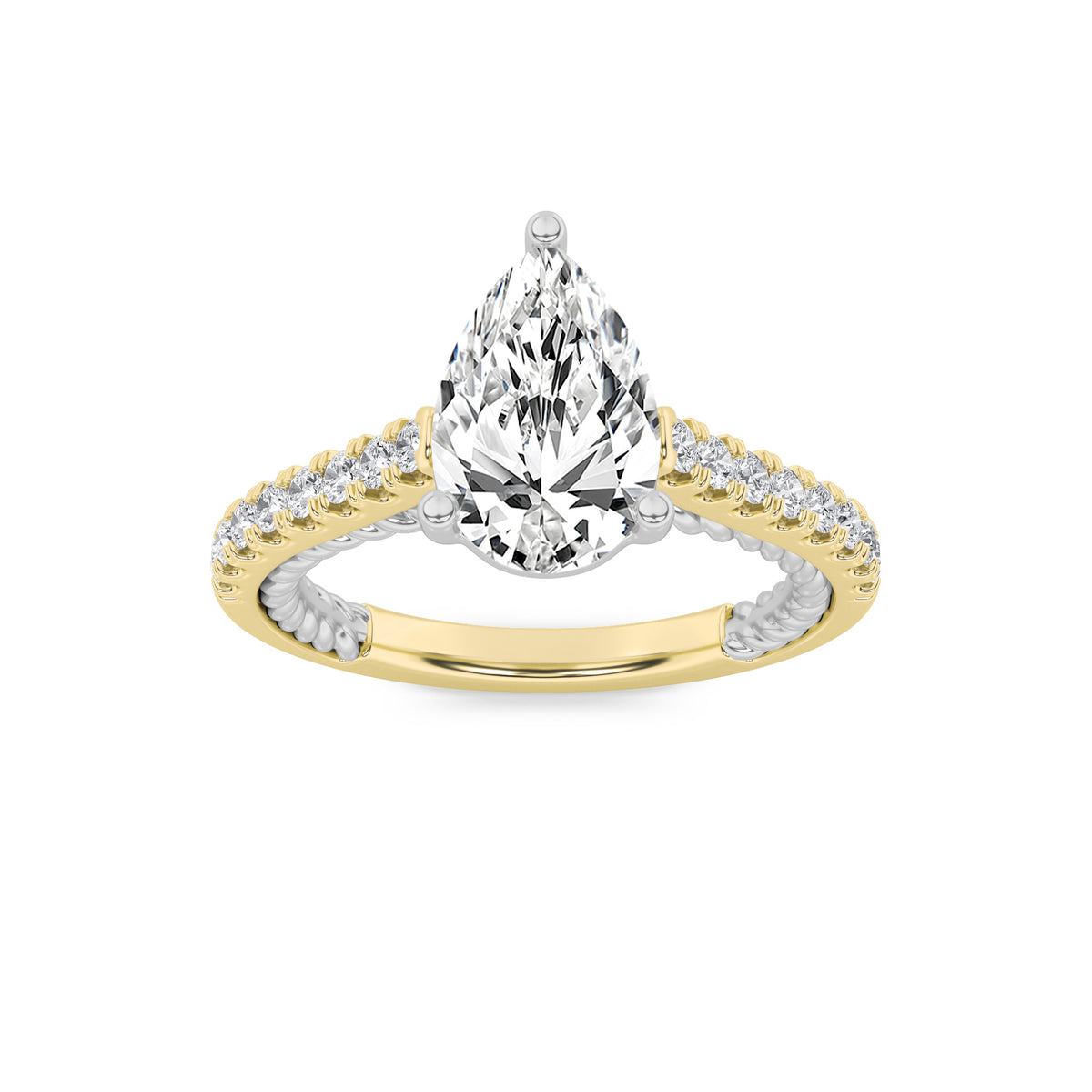 2 ct tw IGI Certified Pear Lab-Grown Diamond Two Tone Accented Rope Design Engagement Ring in 14K Solid Gold - White/Yellow
