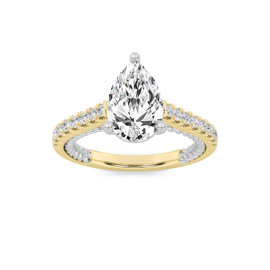 2 ct tw IGI Certified Pear Lab-Grown Diamond Two Tone Accented Rope Design Engagement Ring in 14K Solid Gold - White/Yellow