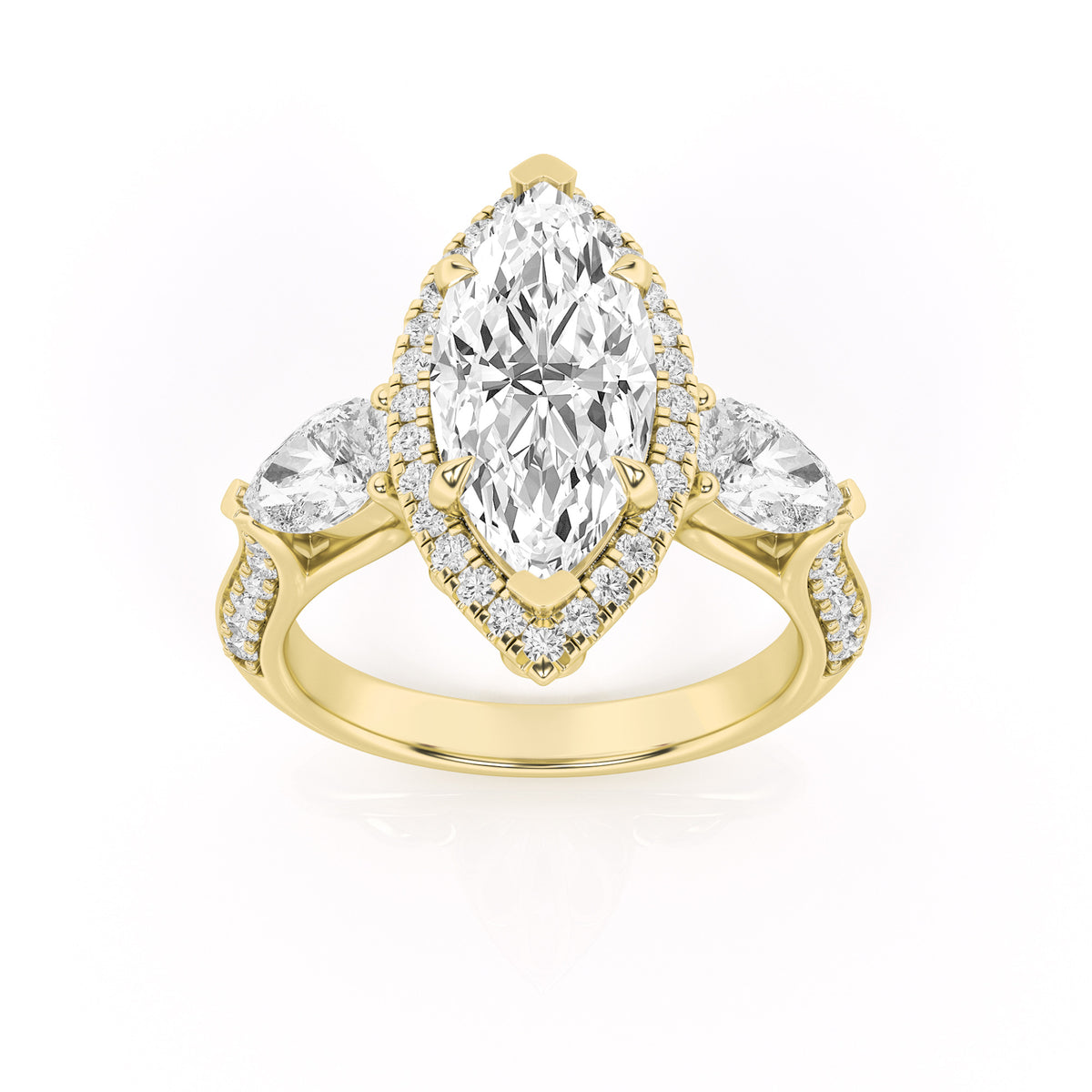 3 ct tw IGI Certified Marquise Lab-Grown Diamond Three Stone Halo Engagement Ring in 14K Solid Gold - Yellow