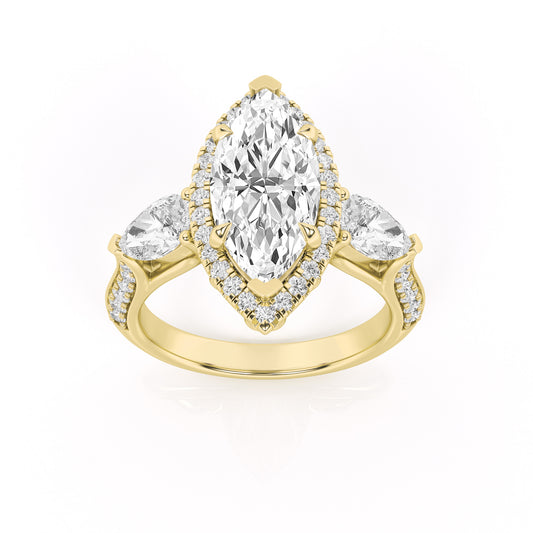 3 ct tw IGI Certified Marquise Lab-Grown Diamond Three Stone Halo Engagement Ring in 14K Solid Gold - Yellow