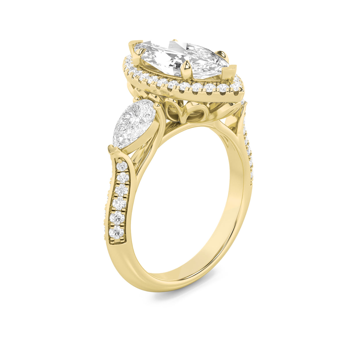 3 ct tw IGI Certified Marquise Lab-Grown Diamond Three Stone Halo Engagement Ring in 14K Solid Gold - Yellow