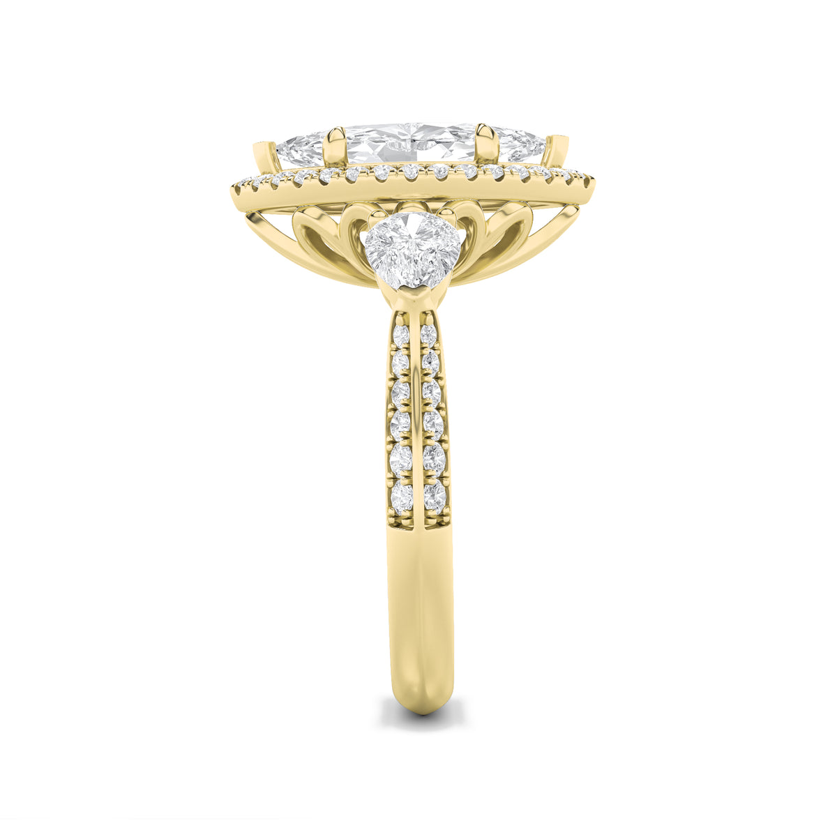 3 ct tw IGI Certified Marquise Lab-Grown Diamond Three Stone Halo Engagement Ring in 14K Solid Gold - Yellow