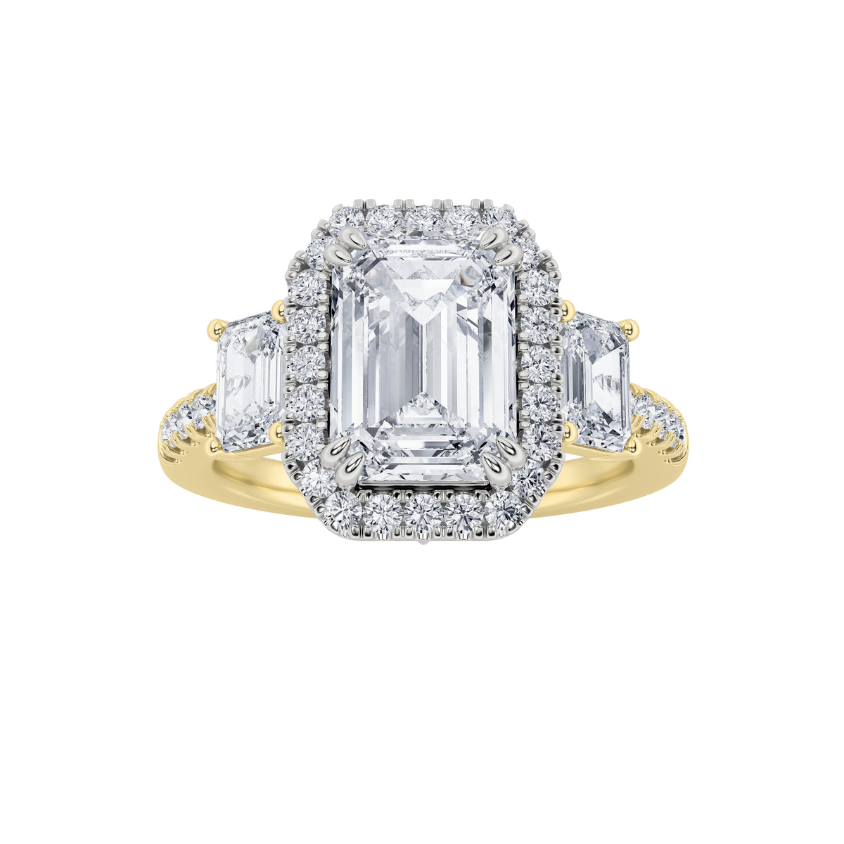 3 ct tw IGI Certified Emerald Lab-Grown Diamond Three Stone Accented Engagement Ring in 14K Solid Gold - Yellow/White