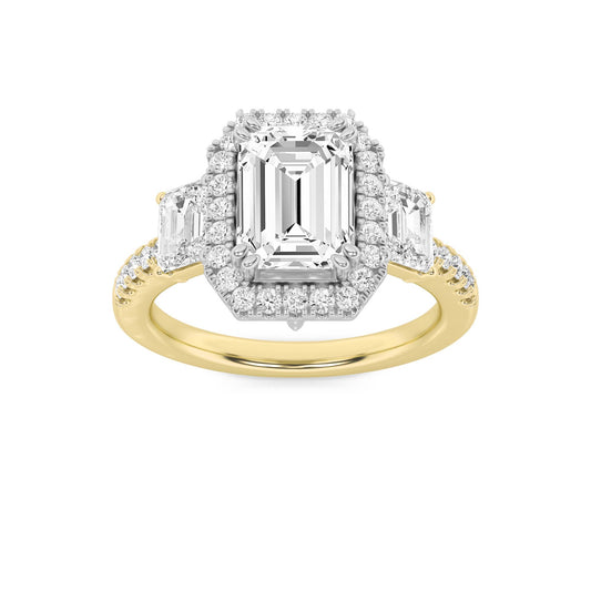 3 ct tw IGI Certified Emerald Lab-Grown Diamond Three Stone Accented Engagement Ring in 14K Solid Gold - Yellow/White
