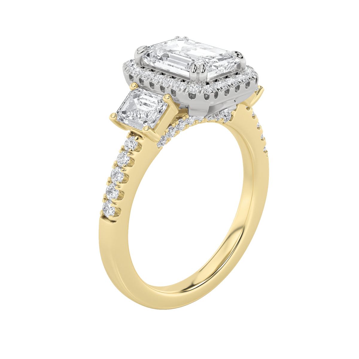 3 ct tw IGI Certified Emerald Lab-Grown Diamond Three Stone Accented Engagement Ring in 14K Solid Gold - Yellow/White