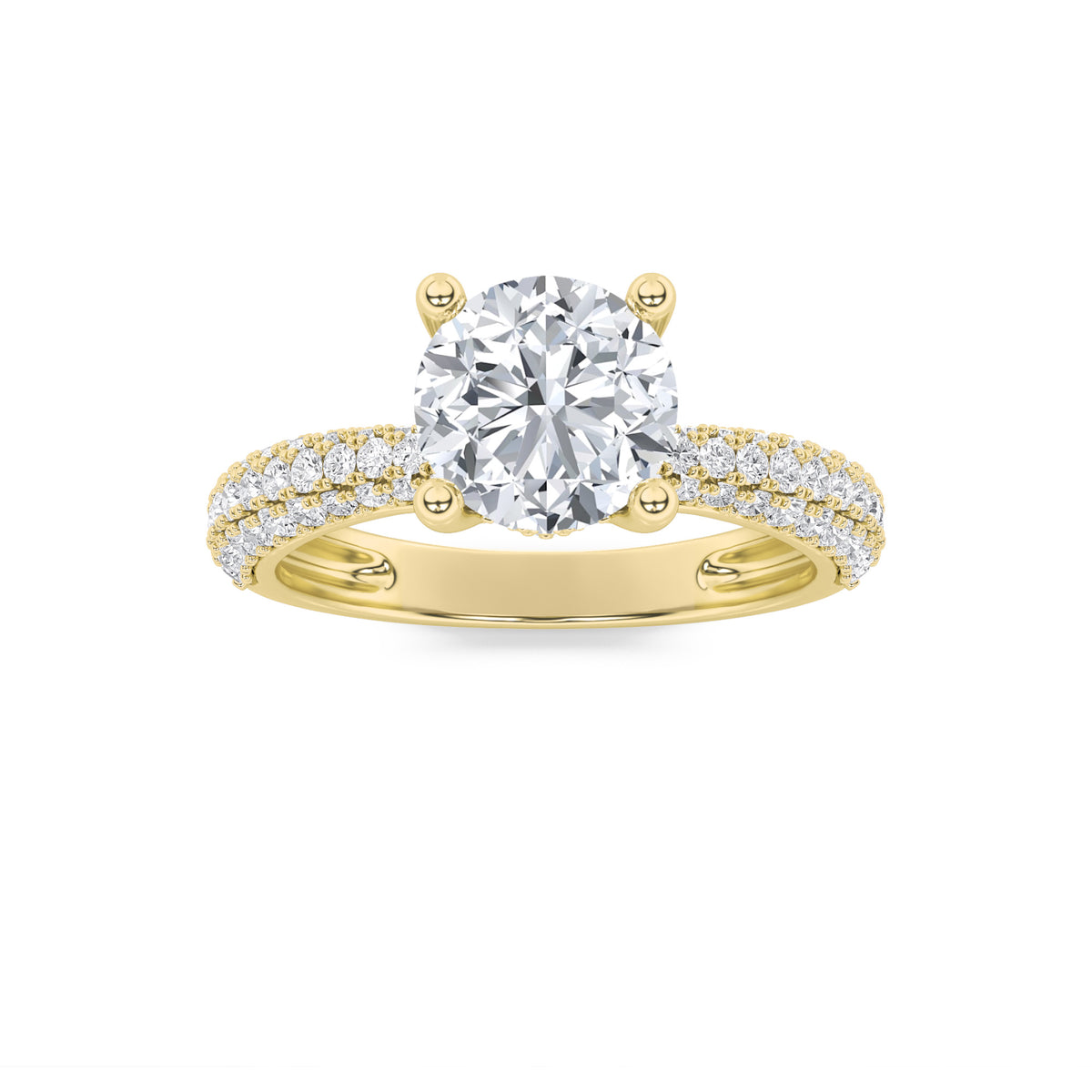 2 ct tw IGI Certified Round Lab-Grown Diamond Three Row Micro Pave Engagement Ring in 14K Solid Gold - Yellow