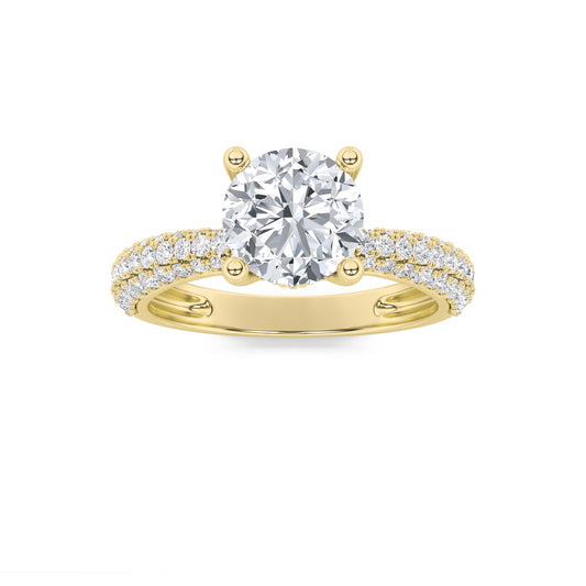 2 ct tw IGI Certified Round Lab-Grown Diamond Three Row Micro Pave Engagement Ring in 14K Solid Gold - Yellow