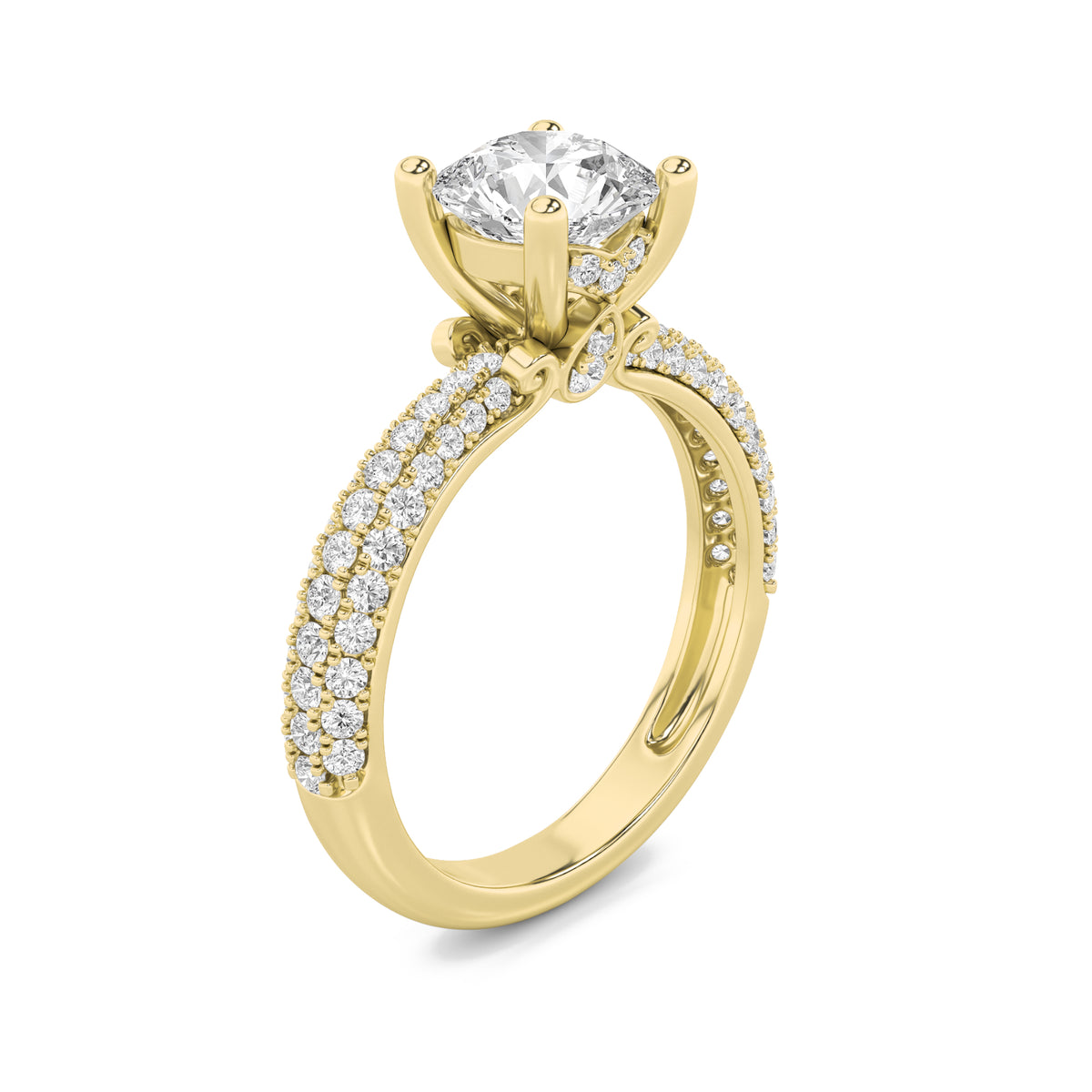 2 ct tw IGI Certified Round Lab-Grown Diamond Three Row Micro Pave Engagement Ring in 14K Solid Gold - Yellow
