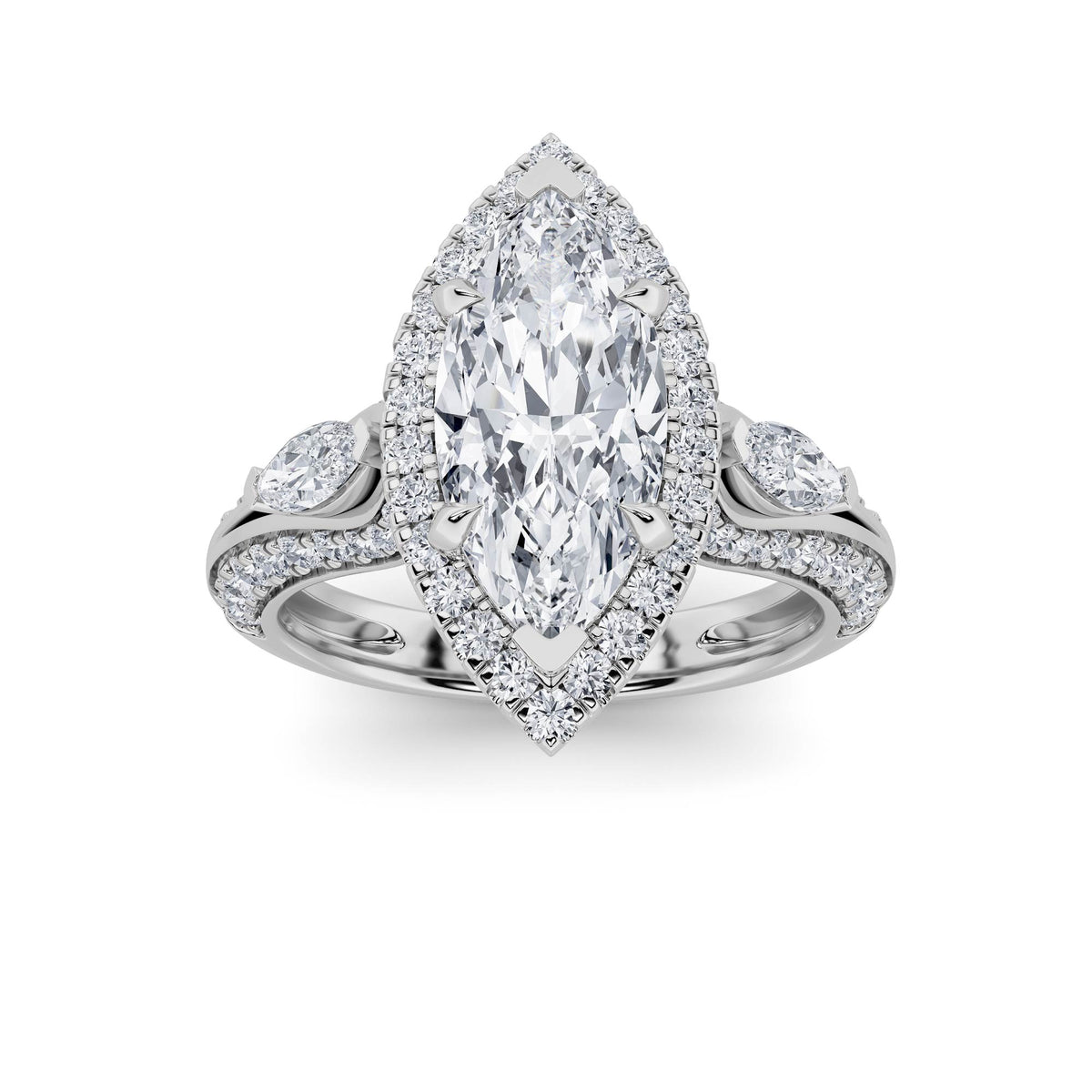 3 ct tw IGI Certified Marquise Lab-Grown Diamond Three Stone Halo Engagement Ring No. 2 in 14K Solid Gold - White