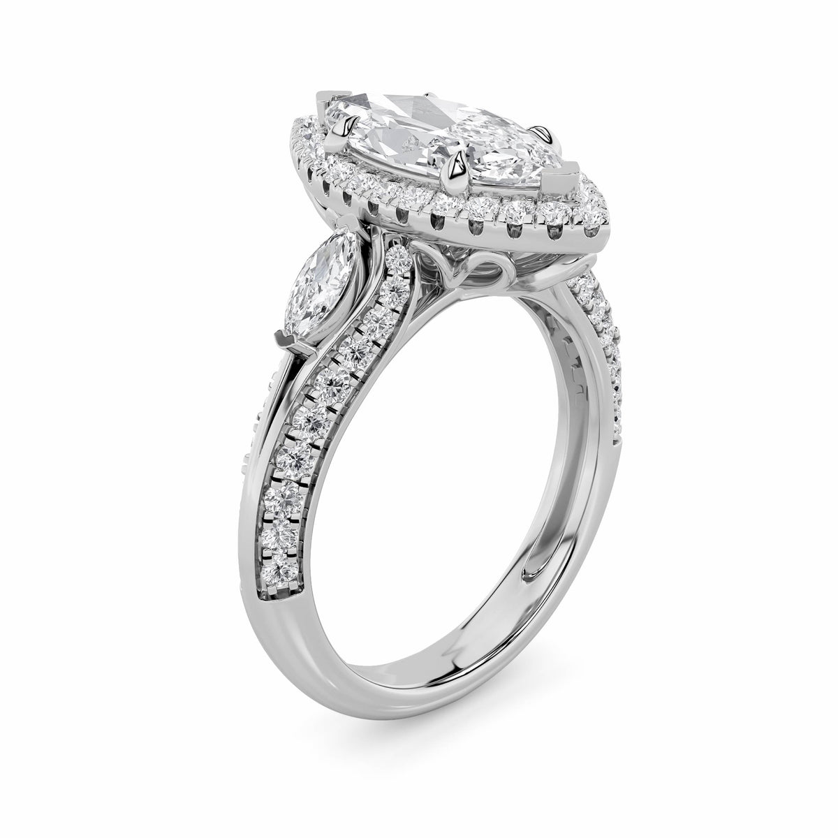 3 ct tw IGI Certified Marquise Lab-Grown Diamond Three Stone Halo Engagement Ring No. 2 in 14K Solid Gold - White