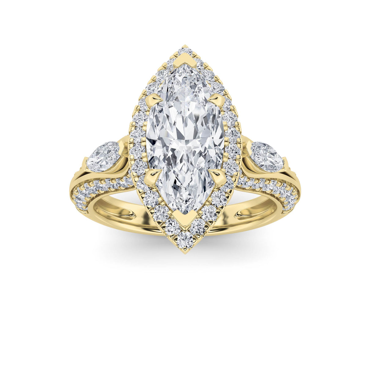 3 ct tw IGI Certified Marquise Lab-Grown Diamond Three Stone Halo Engagement Ring No. 2 in 14K Solid Gold - Yellow
