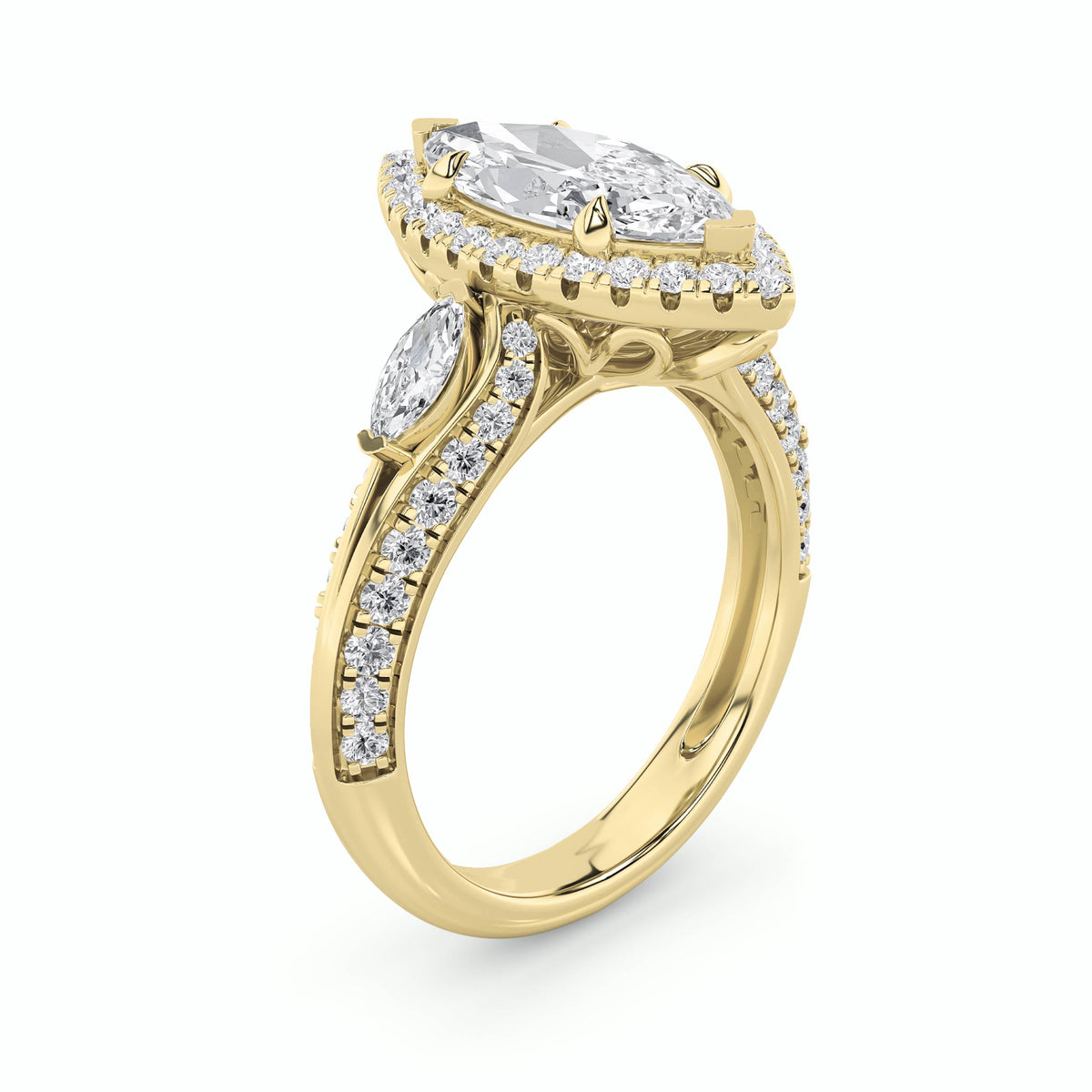 3 ct tw IGI Certified Marquise Lab-Grown Diamond Three Stone Halo Engagement Ring No. 2 in 14K Solid Gold - Yellow