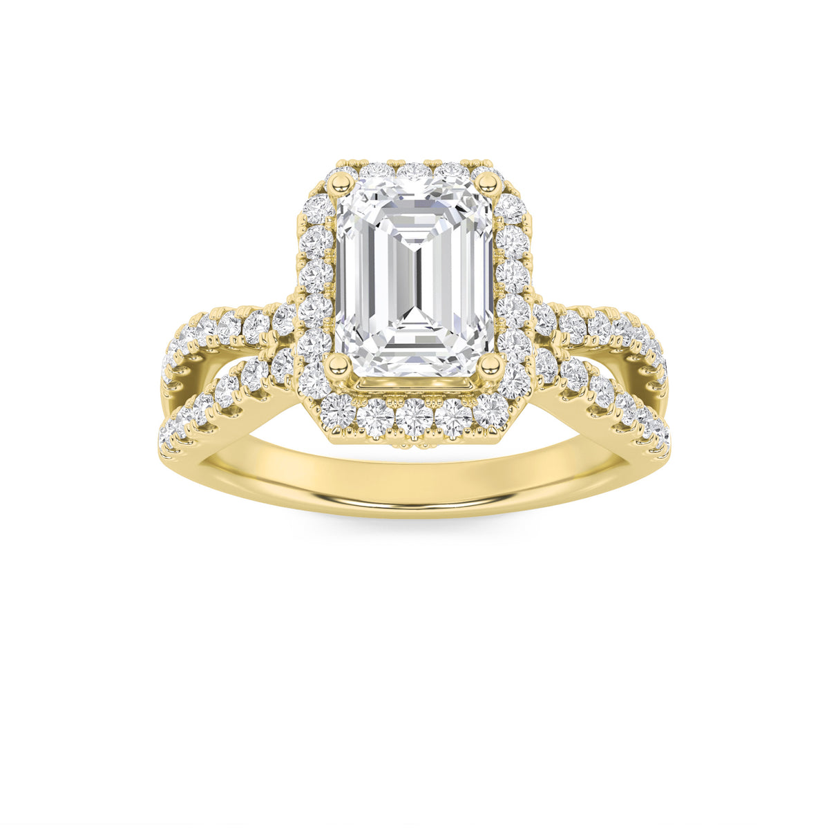 2 ct tw IGI Certified Emerald Lab-Grown Diamond Split Shank Halo Accented Engagement Ring in 14K Solid Gold - Yellow
