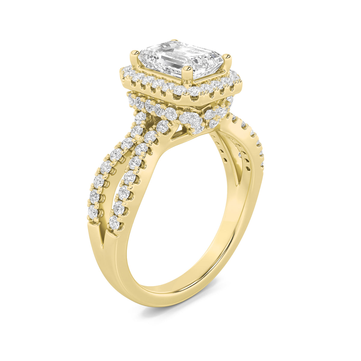 2 ct tw IGI Certified Emerald Lab-Grown Diamond Split Shank Halo Accented Engagement Ring in 14K Solid Gold - Yellow