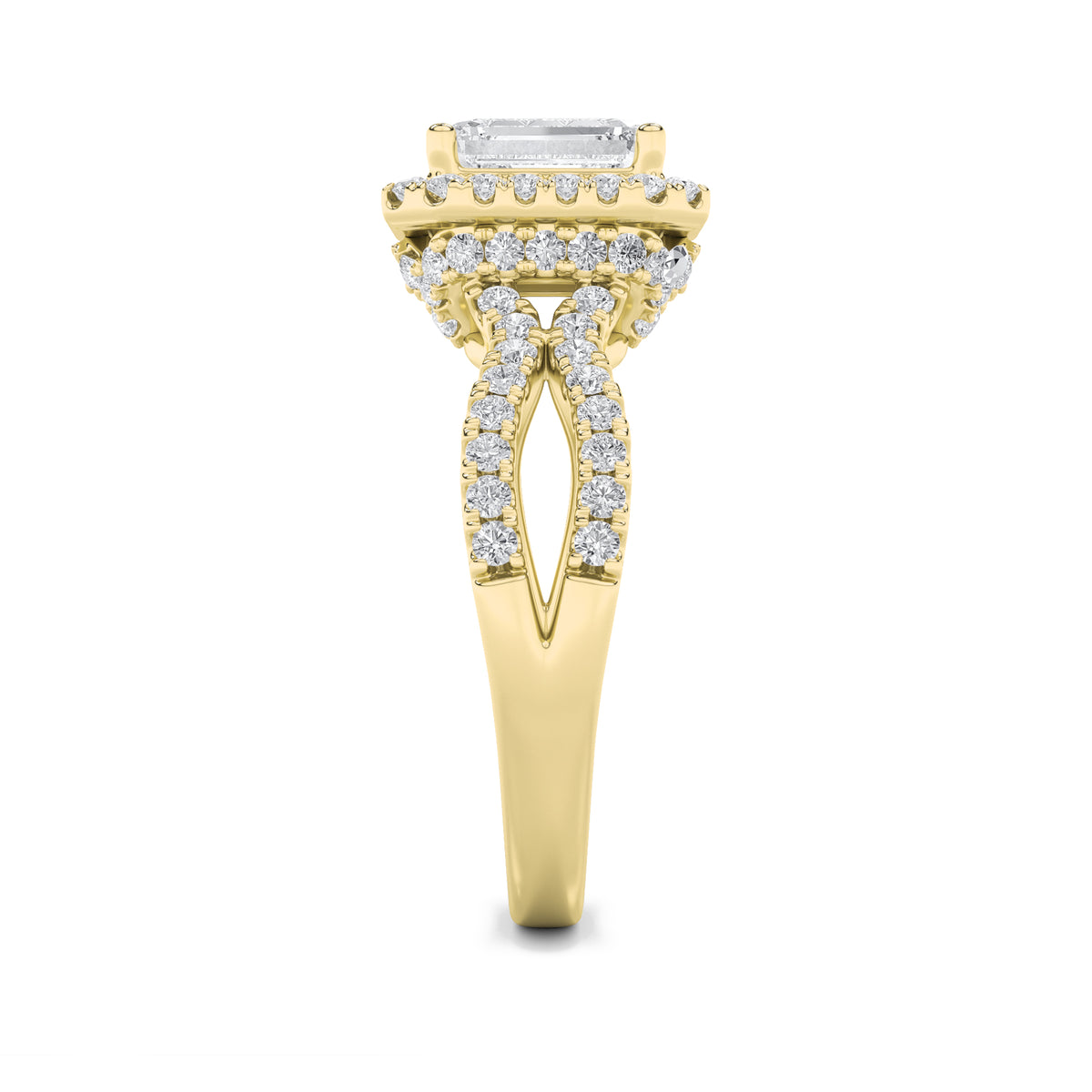 2 ct tw IGI Certified Emerald Lab-Grown Diamond Split Shank Halo Accented Engagement Ring in 14K Solid Gold - Yellow